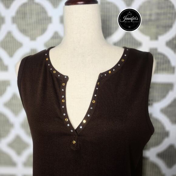 3/$25 Jason Maxwell Brown with Gold & Silver Studded Split Neck Sleeveless Top L - Picture 4 of 10